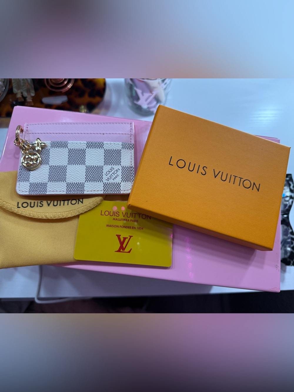 Louis Vuitton Pink and White Damier Azur Card Holder with Pink Trim